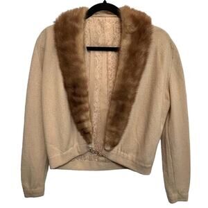 1950s Cashmere Cardigan Mink Fur Detachable Collar SIZE M Vintage Luxury Glam